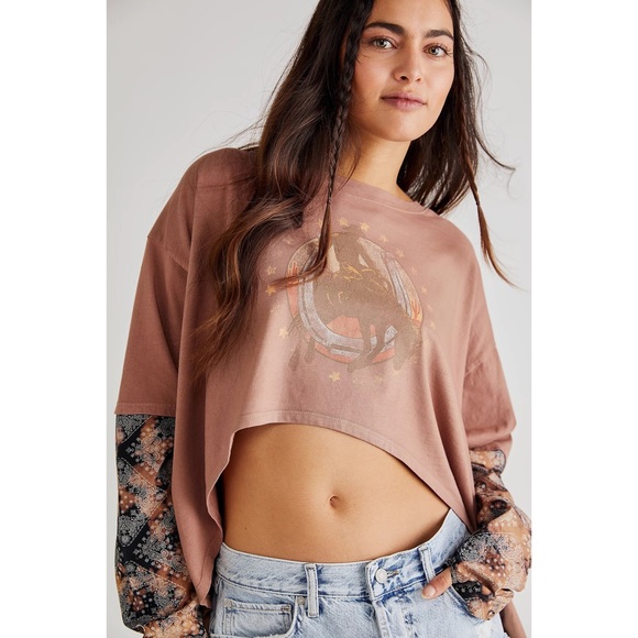 Free People Tops - Free People x Vintage Souls Bandana Rodeo Twofer Cropped Tee Long Sleeve Top